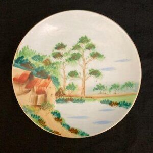Vtg Hand Painted Porcelain Ceramic Wall Plate Dish Landscape Scene Gilded Japan